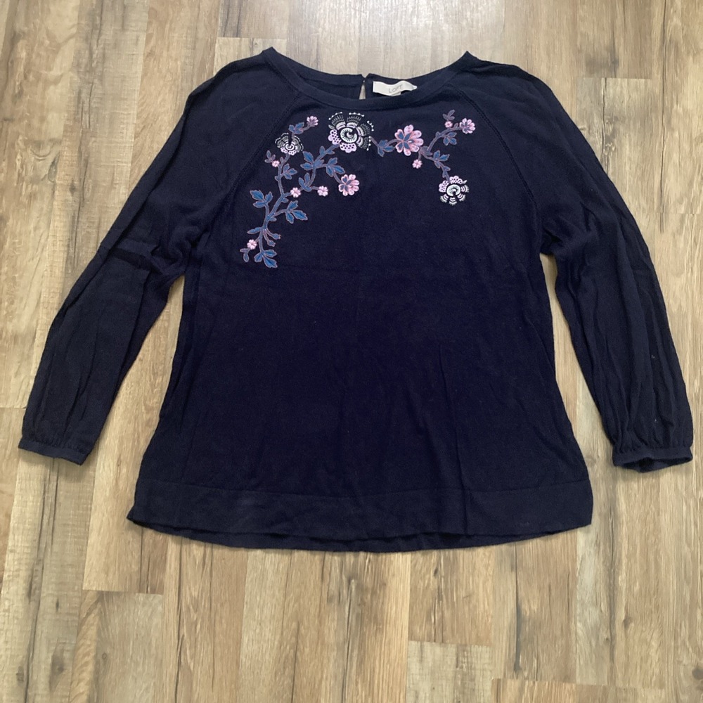 Loft Embroidered Floral Blouse Womens Large Navy Blue Feminine Flower Artsy Boho